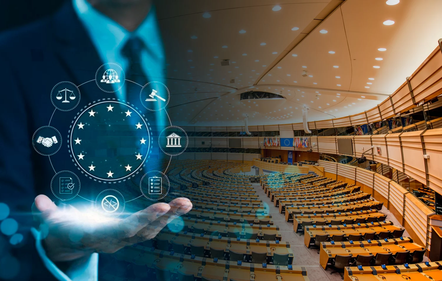 blended image of the European Parliament interior with a person in a suit holding a digital graphic with regulartory icons