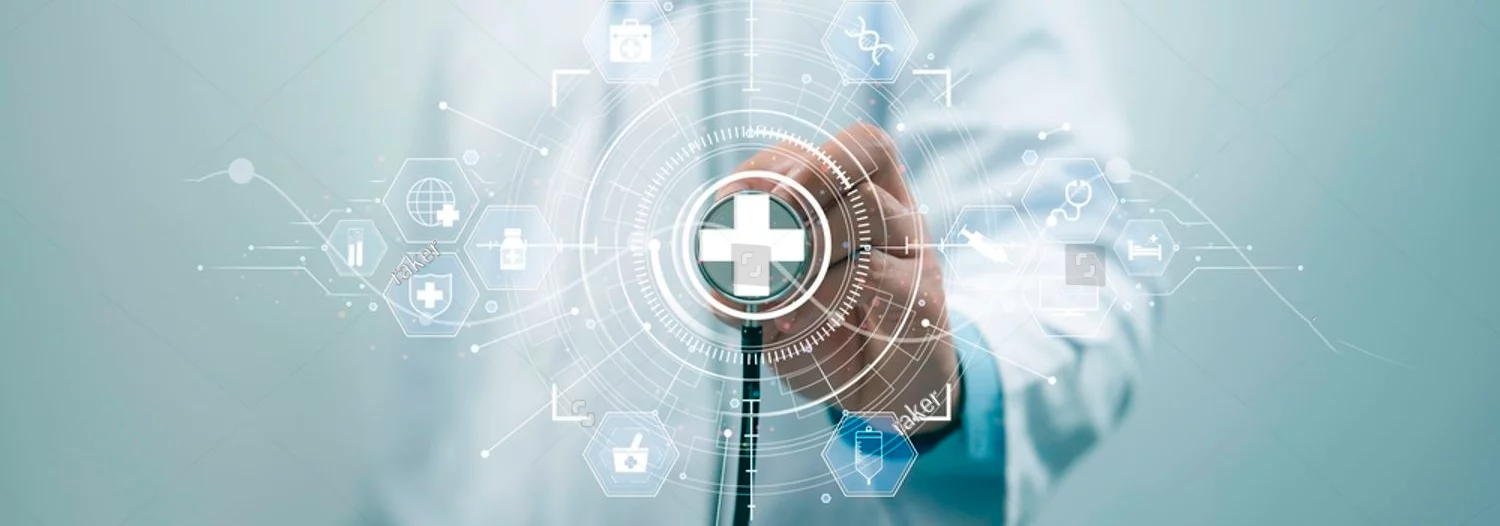 digital graphic of doctor clicking on medical icons